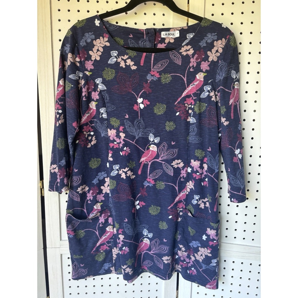 La Soul Tunic Shirt Pockets Blue Bird Print Floral‎ Size Medium Women's 3/4 SLV